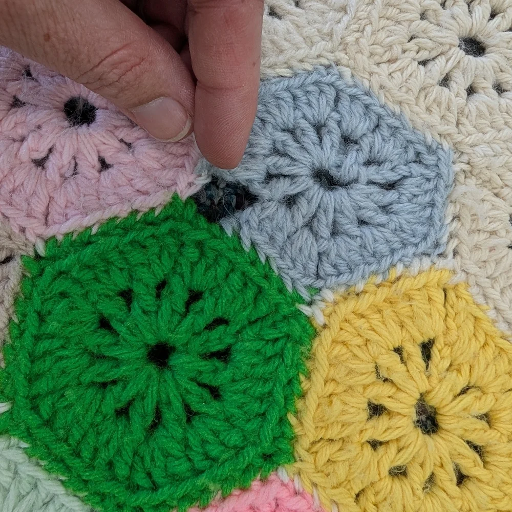 Vintage Handmade Honeycomb Crochet Granny Square Afghan Throw Blanket